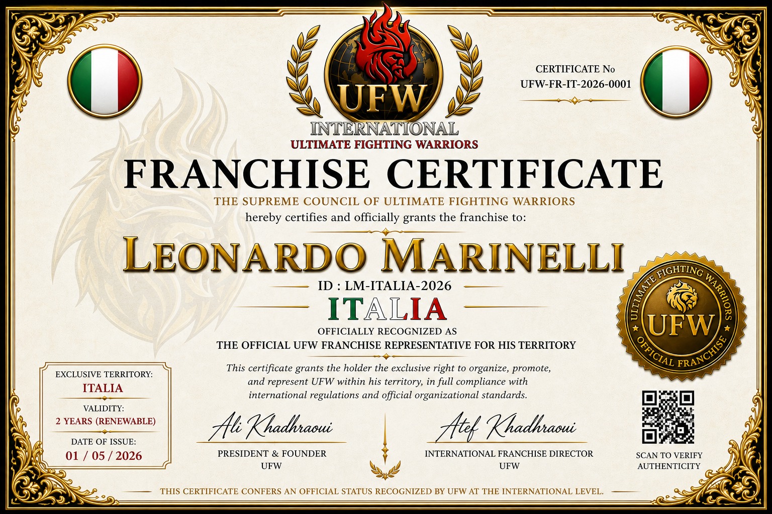 UFW Italy Official Franchise Certificate